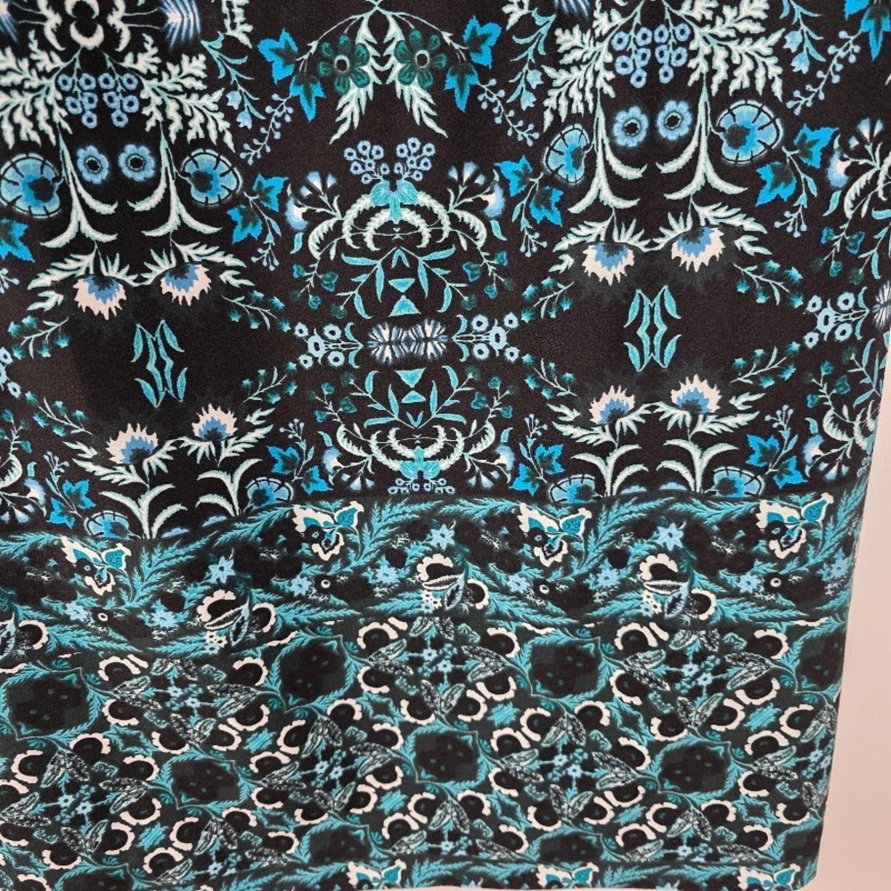 Vince‎ Camuto Bell Sleeve  Dress Black Teal Blue Floral Print Geometric Pattern - Picture 3 of 7